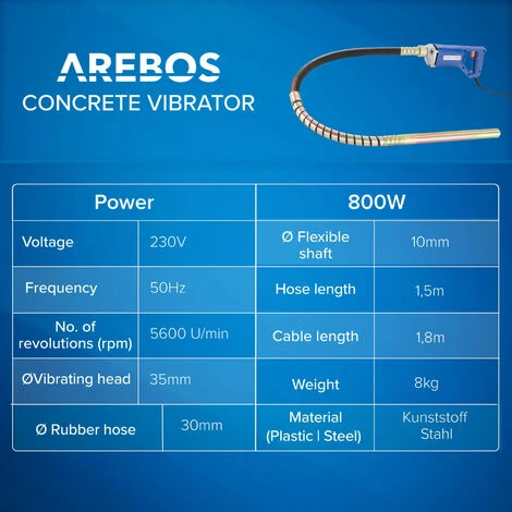 AREBOS Vibratore Per Calcestruzzo 800W 1,5m - Vibratore Per Cemento 6 AREBOS Vibratore Per Calcestruzzo 800W 1,5m - Vibratore Per Cemento - immagine 4