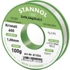 Stannol Kristall 600 Fairtin Stagno Senza Piombo Senza Piombo Sn96,5Ag3Cu0,5 REL0 100 G 1 Mm