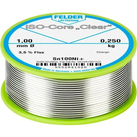 Felder Löttechnik ISO-Core Clear Sn100Ni+ Stagno Senza Piombo Bobina Sn99,25Cu0,7Ni0,05 0.250 Kg 1 Mm 3 Felder Löttechnik ISO-Core Clear Sn100Ni+ Stagno Senza Piombo Bobina Sn99,25Cu0,7Ni0,05 0.250 Kg 1 Mm