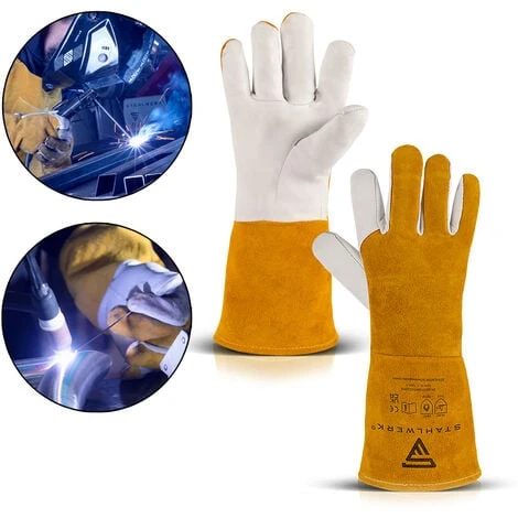 STAHLWERK Guanti Per Saldatura Guanti Protettivi Guanti Da Lavoro Robusti In Vera Pelle Resistenti Al Calore E Al Fuoco, Bianco Giallo, Adatti Per TIG TIG MIG MAG MMA Plasma 3 STAHLWERK Guanti Per Saldatura Guanti Protettivi Guanti Da Lavoro Robusti In Vera Pelle Resistenti Al Calore E Al Fuoco, Bianco Giallo, Adatti Per TIG TIG MIG MAG MMA Plasma