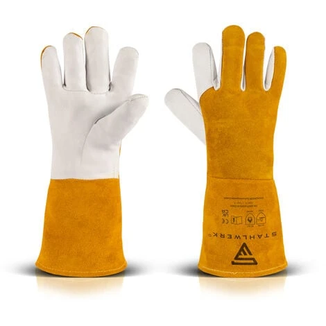STAHLWERK Guanti Per Saldatura Guanti Protettivi Guanti Da Lavoro Robusti In Vera Pelle Resistenti Al Calore E Al Fuoco, Bianco Giallo, Adatti Per TIG TIG MIG MAG MMA Plasma 4 STAHLWERK Guanti Per Saldatura Guanti Protettivi Guanti Da Lavoro Robusti In Vera Pelle Resistenti Al Calore E Al Fuoco, Bianco Giallo, Adatti Per TIG TIG MIG MAG MMA Plasma - immagine 2