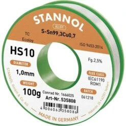 Stannol HS10 2,5% 1,0MM SN99,3CU0,7 CD 100G Stagno Senza Piombo Senza Piombo, Bobina Sn99,3Cu0,7 ROM1 100 G 1 Mm