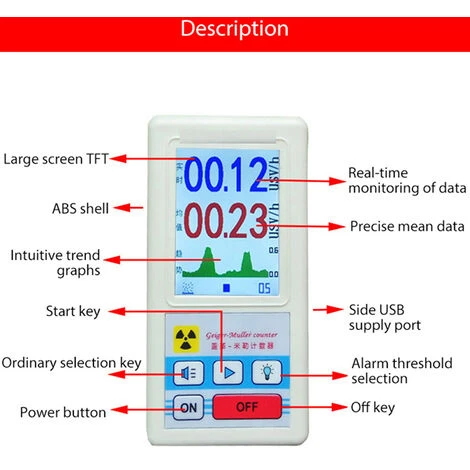 Contatore Geiger Portatile Portatile Rilevatore Multifunzionale Di Radiazioni Nucleari Dosimetro Personale Rilevatori Di Marmo Beta Gamma X-ray Tester (Nero) 7 Contatore Geiger Portatile Portatile Rilevatore Multifunzionale Di Radiazioni Nucleari Dosimetro Personale Rilevatori Di Marmo Beta Gamma X-ray Tester (Nero) - immagine 5